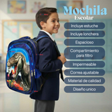 Mochila Escolar Bolso Con Efecto 3D Estuche + Lonchera 40Cm Tela Oxford Niño Dinosaur