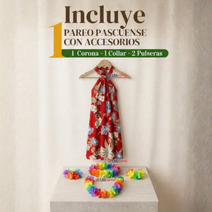 Traje Pareo Pascuense Hawaiano Rojo con Accesorios Niña Fiestas Patrias