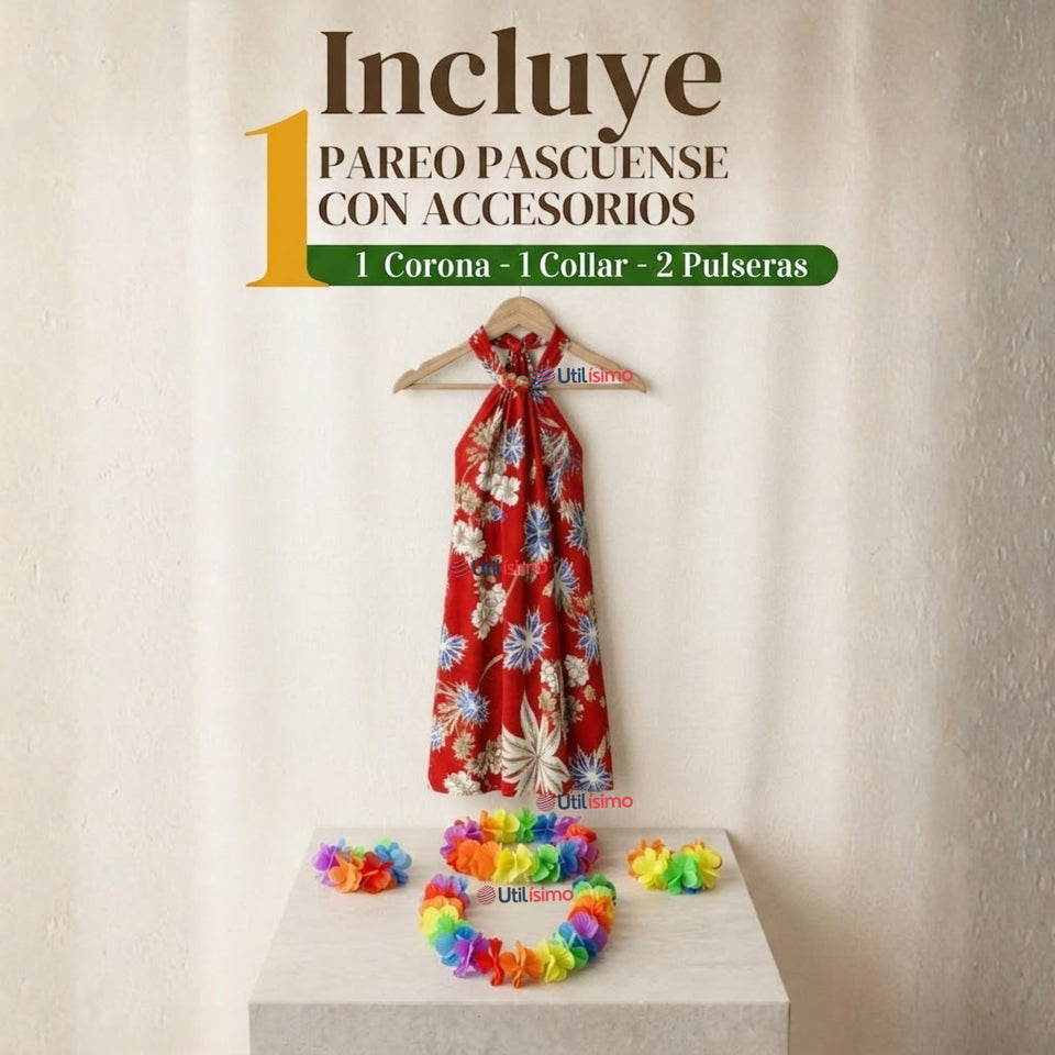 Traje Pareo Pascuense Hawaiano Rojo con Accesorios Niña Fiestas Patrias