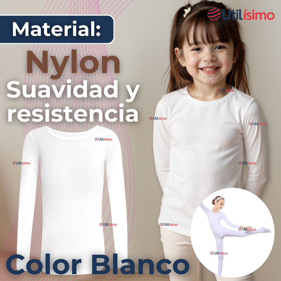 Camiseta De Panty Elástica Transpirable Manga Larga Segunda Piel Niña Nylon Blanco