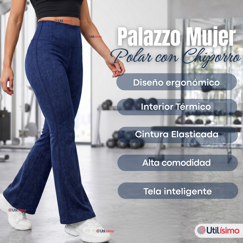 Calza Polar Con Chiporro Palazzo Mujer Elasticada Térmica Azul jeans
