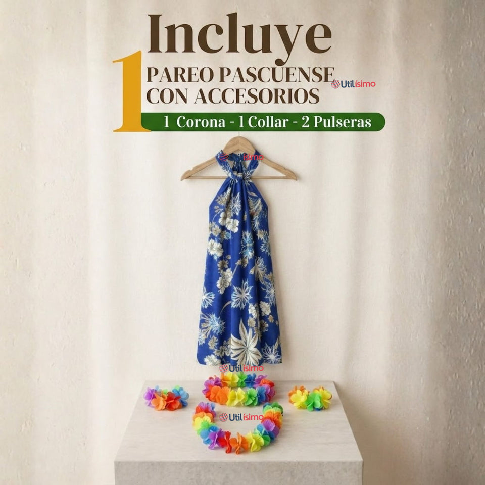 Traje Páscuense Pareo Hawaiano Azul Niña Con Accesorios