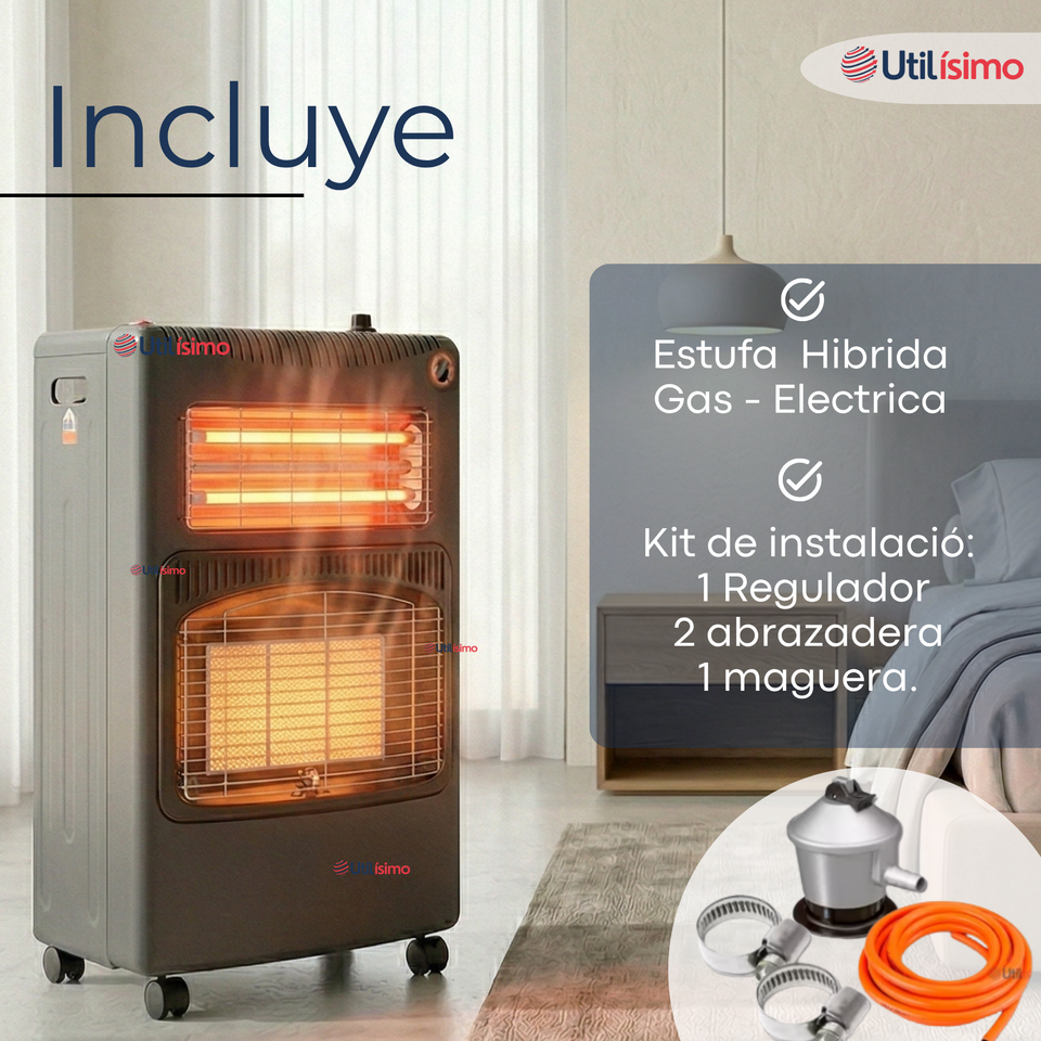 Estufa Hibrida Gas Eléctrica Plegable Con Accesorios 5kg A 15kg  GLP - Eficiencia Energética Clase A