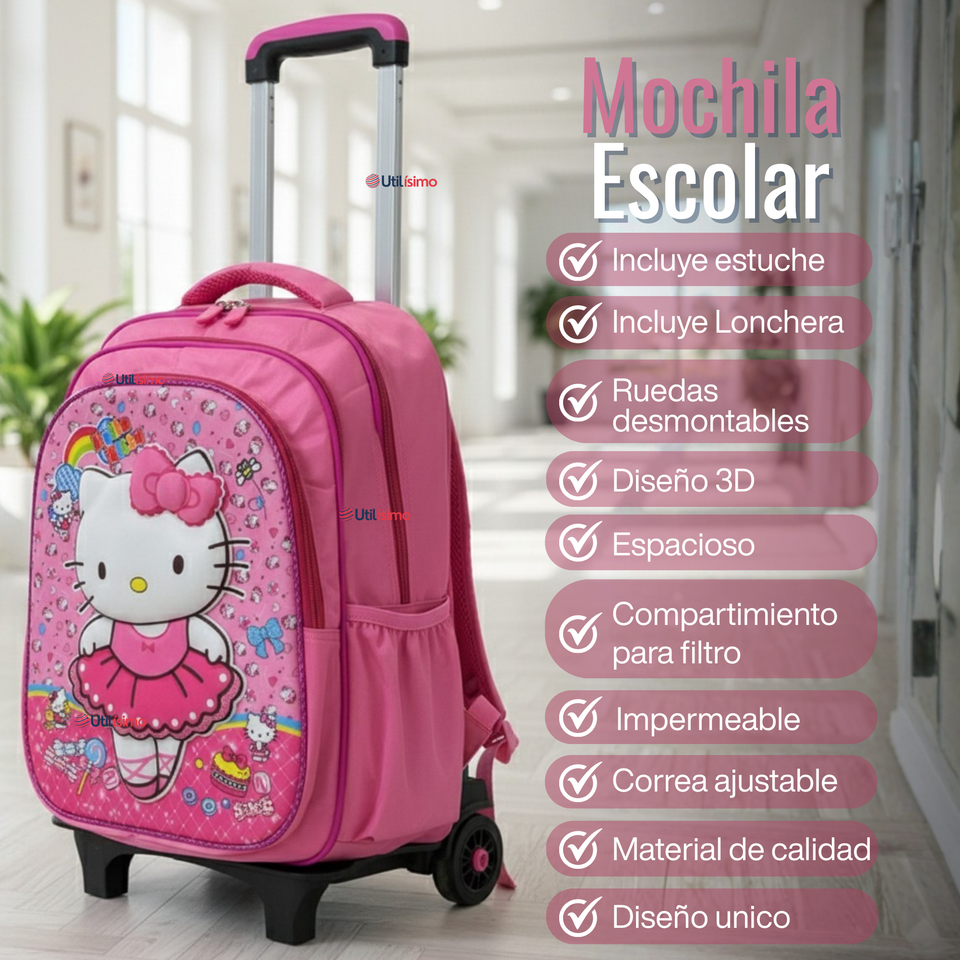 Mochila Escolar Hello Kitty Bailarina Con Ruedas Desmontables + Estuche + Lonchera Niña Poliéster