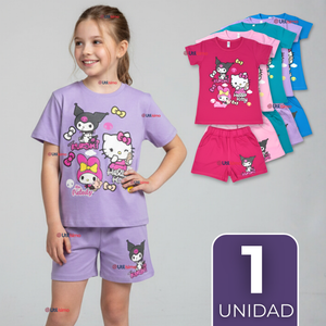 Conjunto Sanrio 100% Algodón Polera Pantalón Corto Niña Kuromi Hello Kitty My Melody