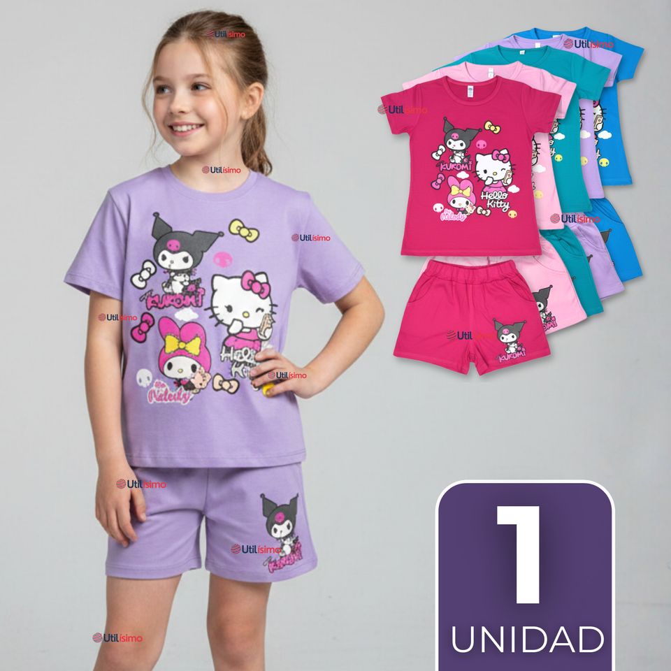 Conjunto Sanrio 100% Algodón Polera Pantalón Corto Niña Kuromi Hello Kitty My Melody