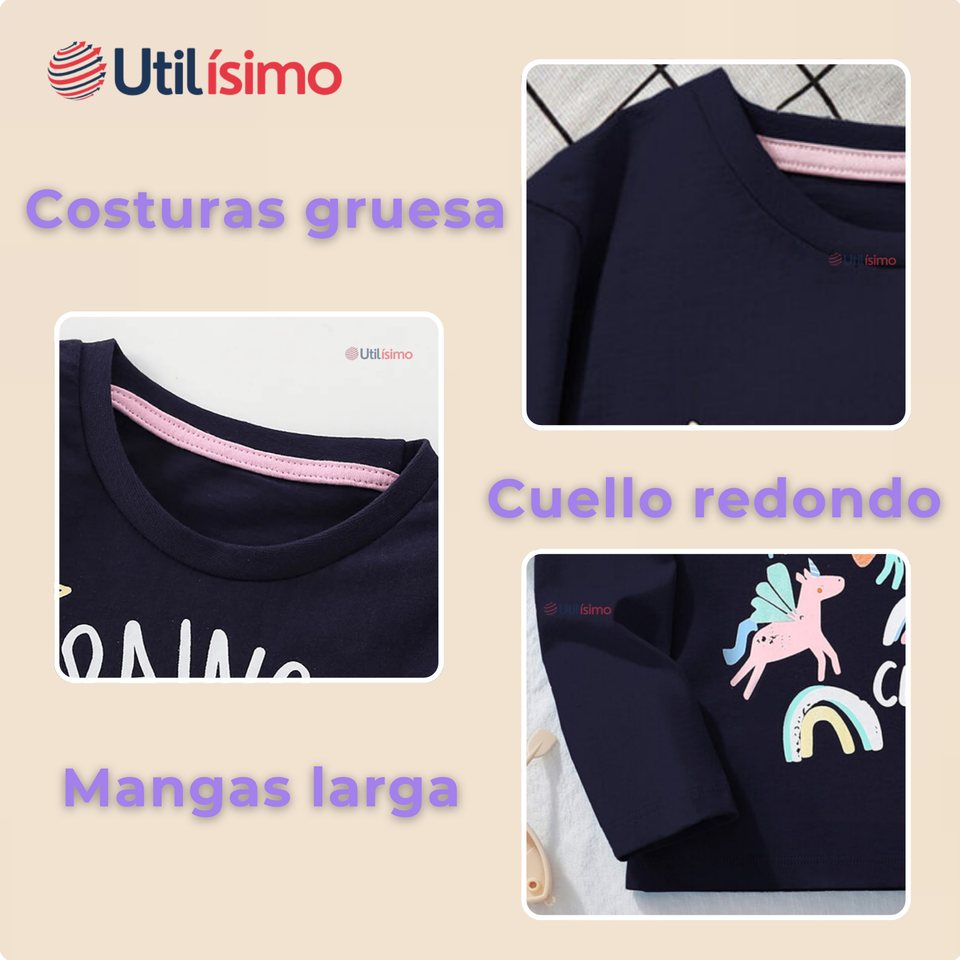 Polera Manga Larga Niña 100% Algodón Unicornios  Negro Camiseta