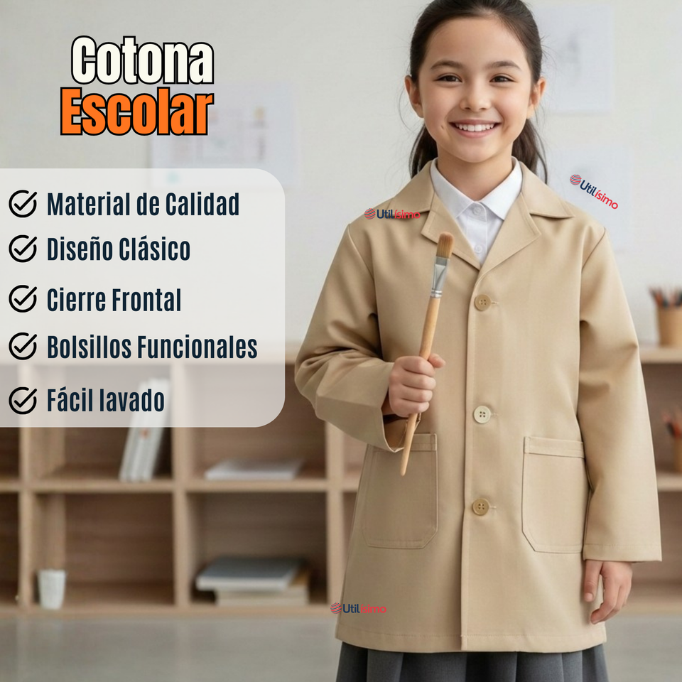 Cotona Delantal Escolar Beige Niño Niña Unisex Bata