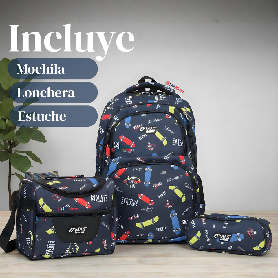 Mochila Bolso Escolar + Lonchera + Estuche 45Cm Niño Tela Oxford