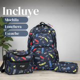 Mochila Bolso Escolar + Lonchera + Estuche 45Cm Niño Tela Oxford
