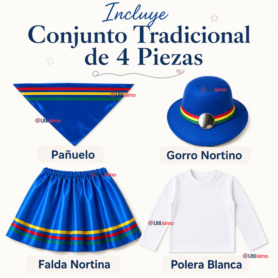 Traje Nortino Juvenil Con Polera 4 Piezas Azul Baile Típico Fiestas Patrias