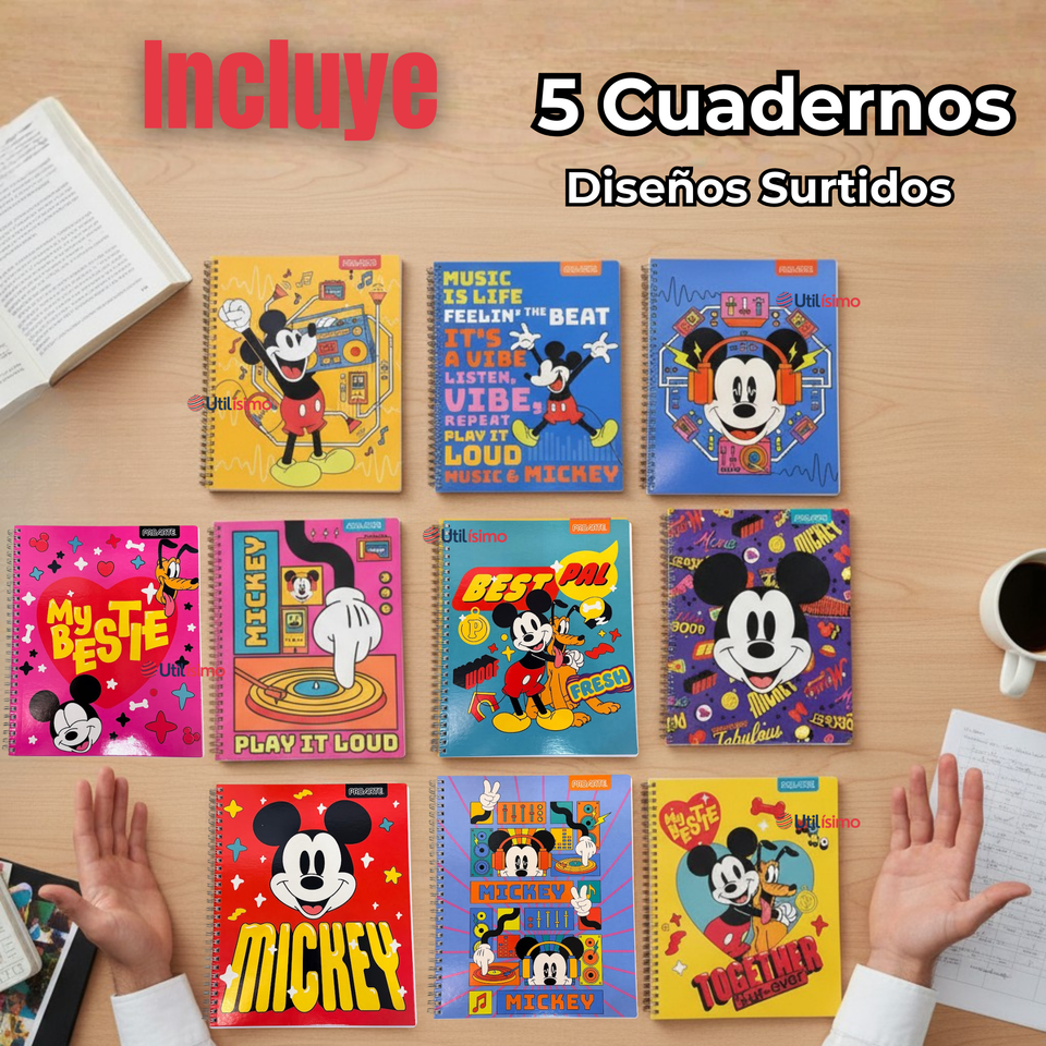 Pack 5 Cuadernos Universitarios Mickey Mouse Proarte 7mm 100 Hojas Diseños Surtidos