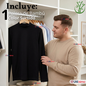 Camiseta Polera Bambú Primera Capa Cuello Beatle Manga Larga Negro Hombre