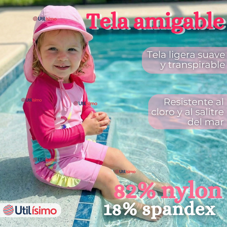 Traje de Baño Enterito Cremallera Manga Larga Con Gorro Niña 1 a 5 años Pink Unicorn
