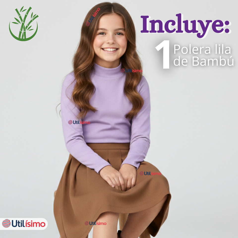 Polera Camiseta Bambú Lila Cuello Beatle Primera Capa  Manga Larga Niña