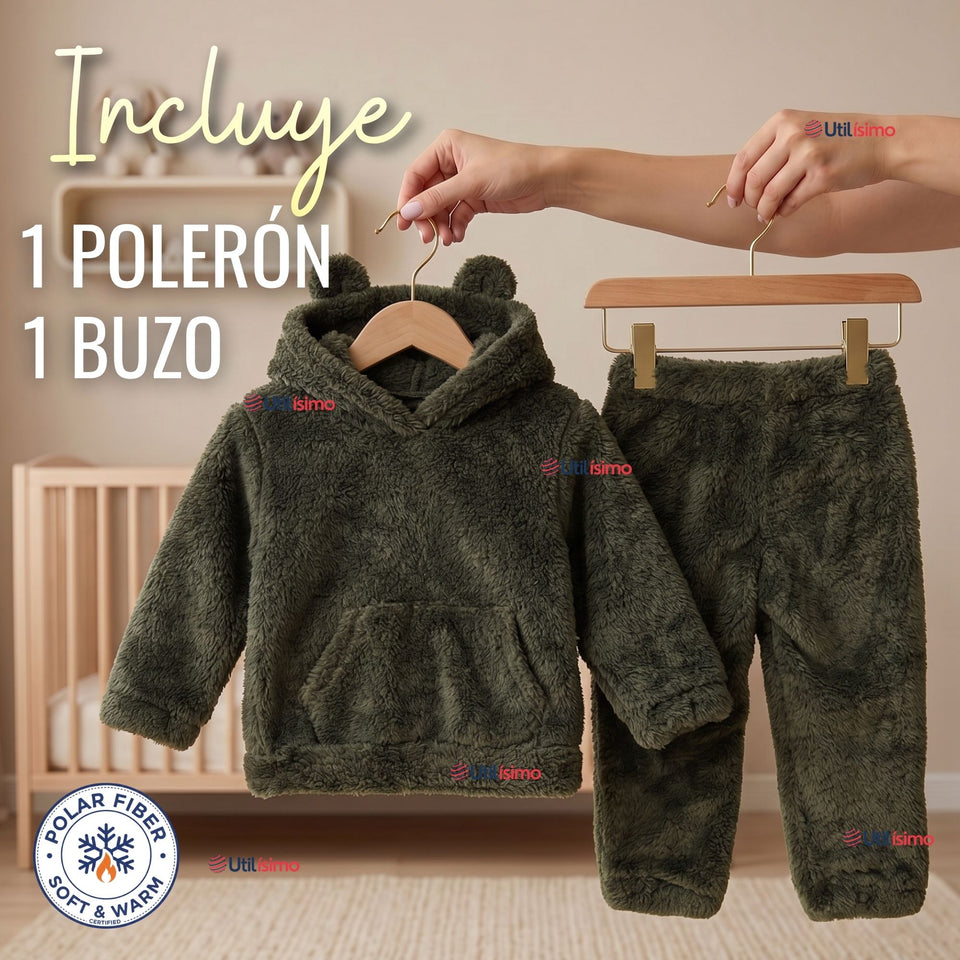 Buzo Polerón Conjunto Polar Niño Con Capucha Unicolor Verde Oscuro