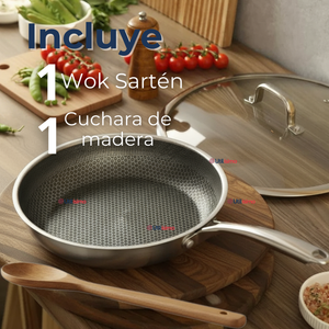 Sartén Acero Inoxidable Antiadherente 28cm +Cuchara de Madera de Bambú