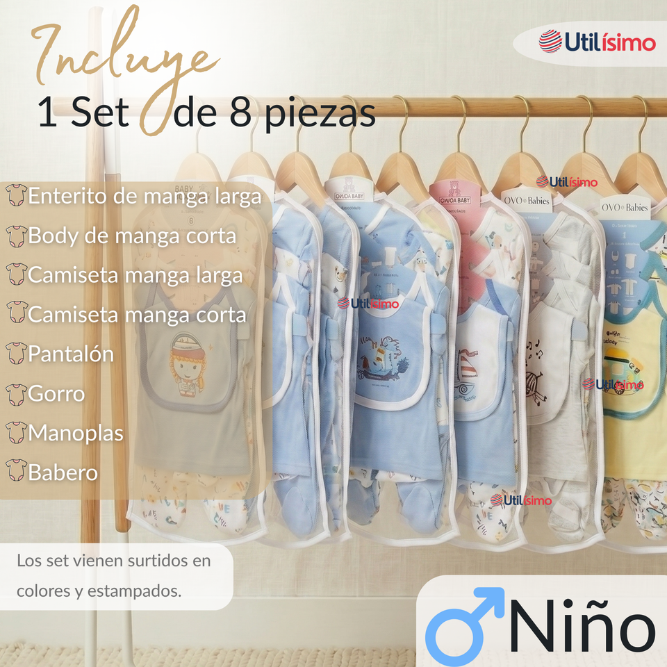 Set Ajuar Bebé 8 Piezas Surtido NIÑO 100% Algodón