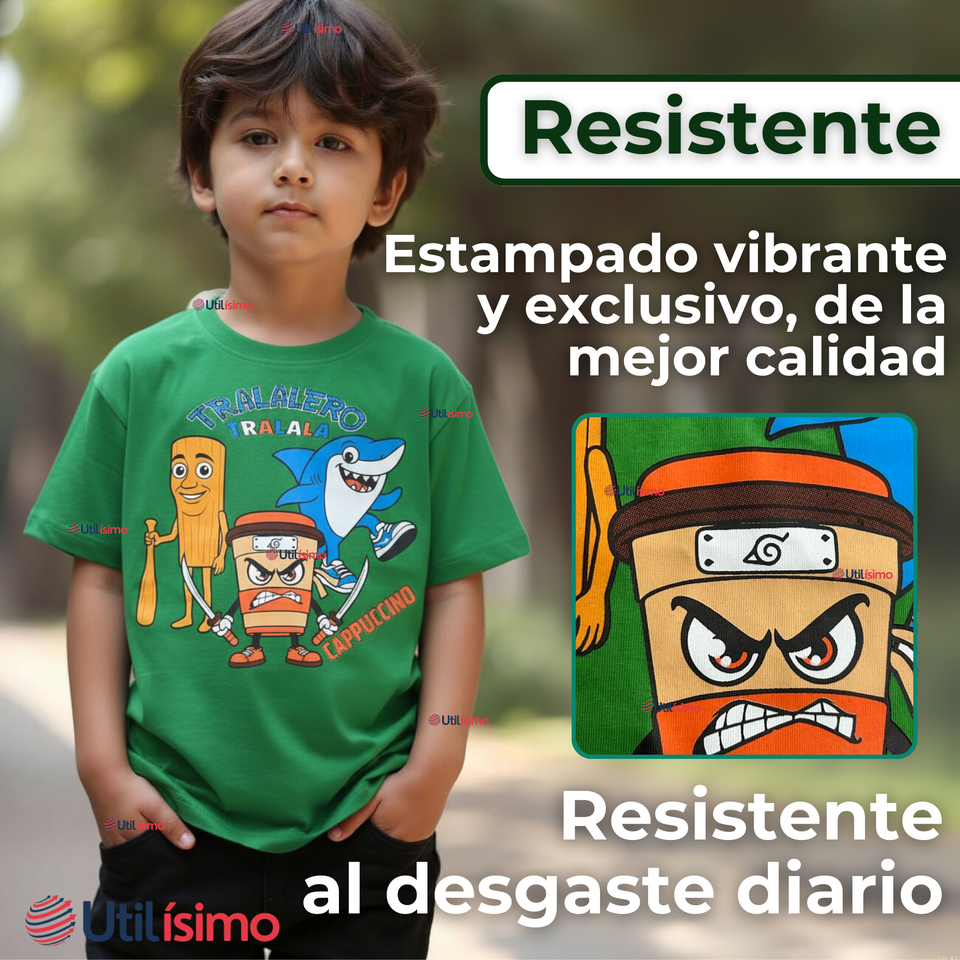 Polera Brainrots 100% Algodón Manga Corta Niño Tralalero Verde