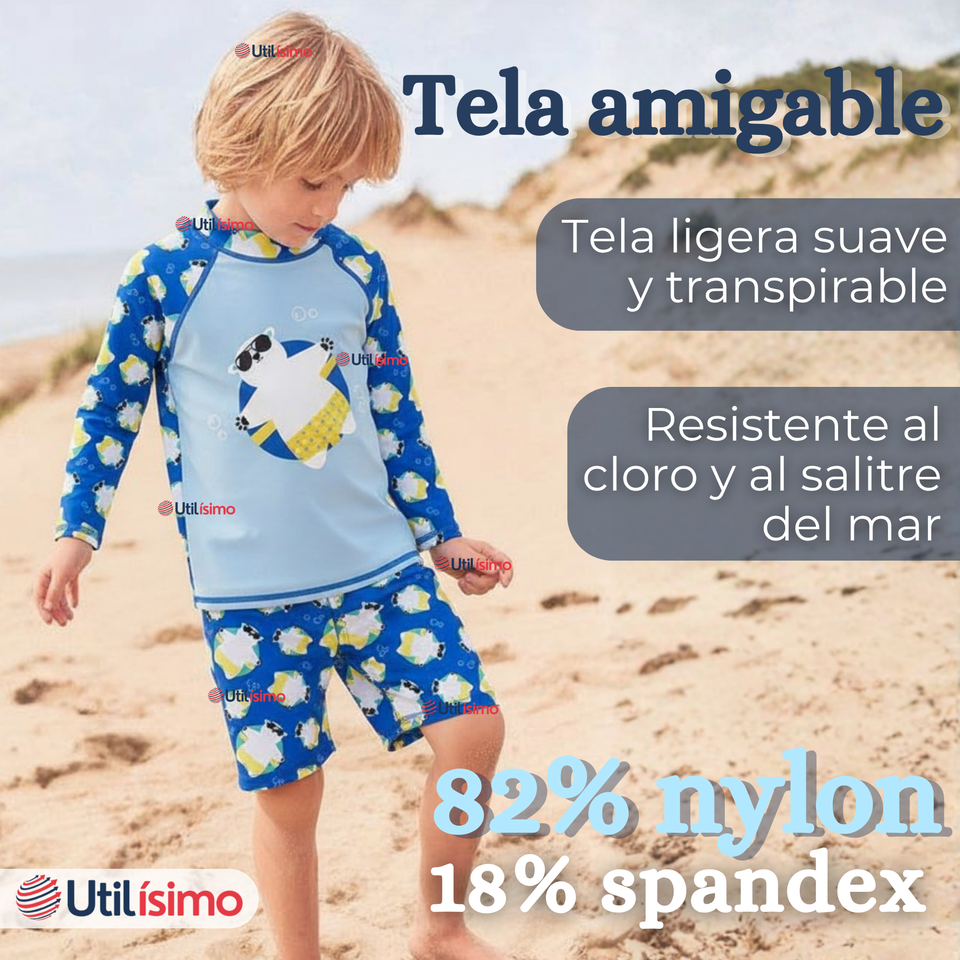 Traje de Baño Manga Larga Pantalón Corto 2 Piezas Corte Split Niño 3 a 9 años Blue Polar Bear