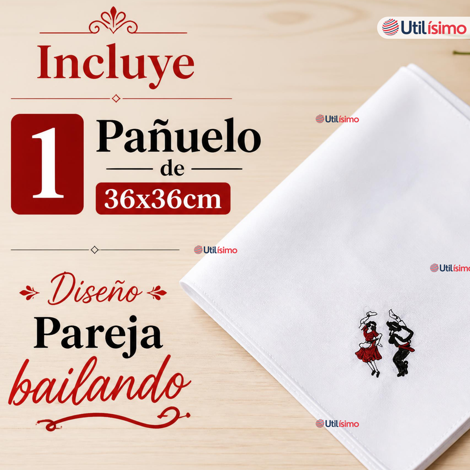 Pañuelo Baile Cueca 36cm Bordado Pareja Bailando Algodón Fiestas Patrias