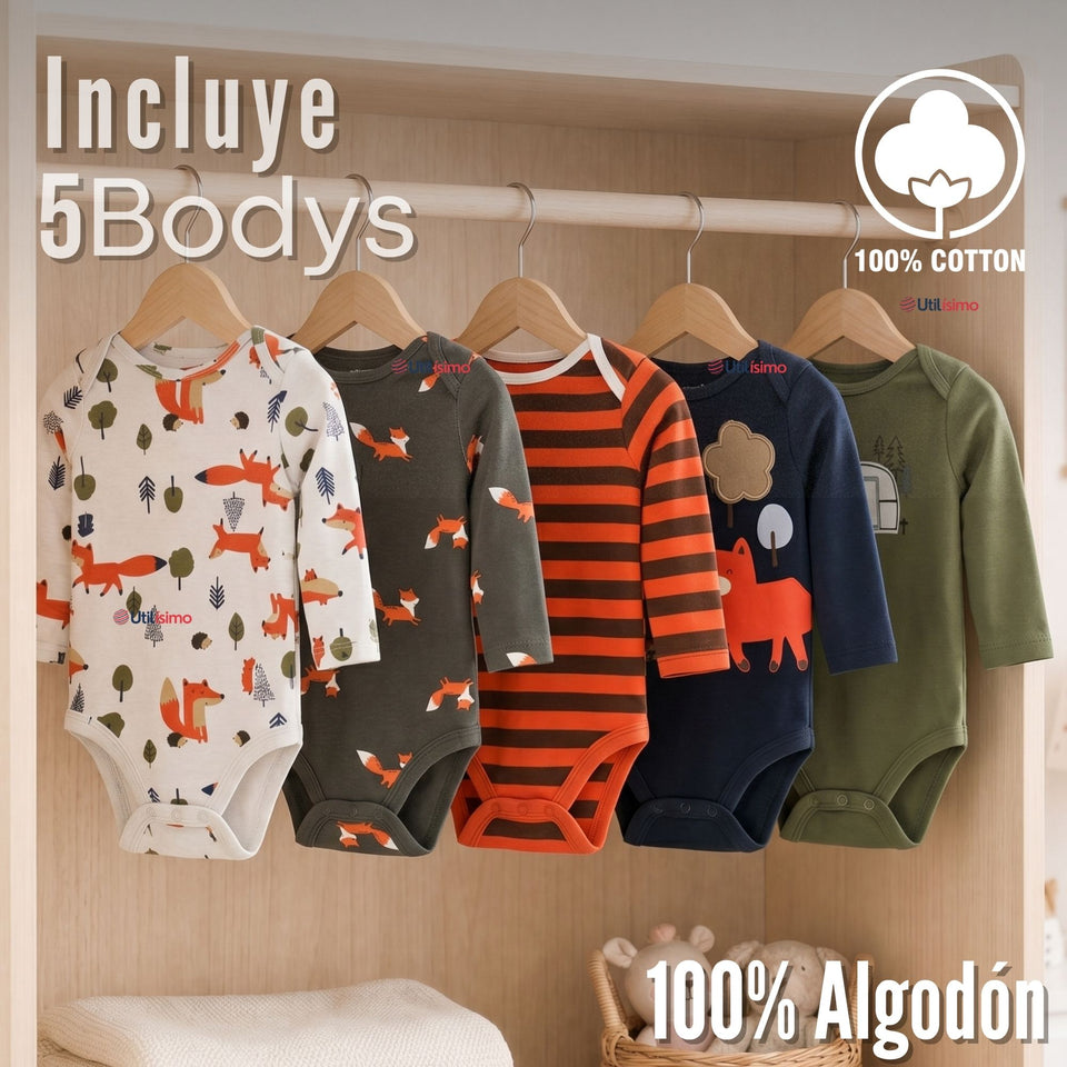 Pack 5 Bodys Manga Larga 100% Algodón Bebé Niño Tedmimak Sweet Nature