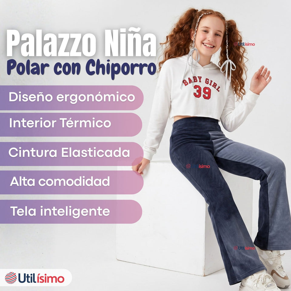Calza Palazzo Polar Con Chiporro  Niña Juvenil Elasticada Térmica Navy Blue