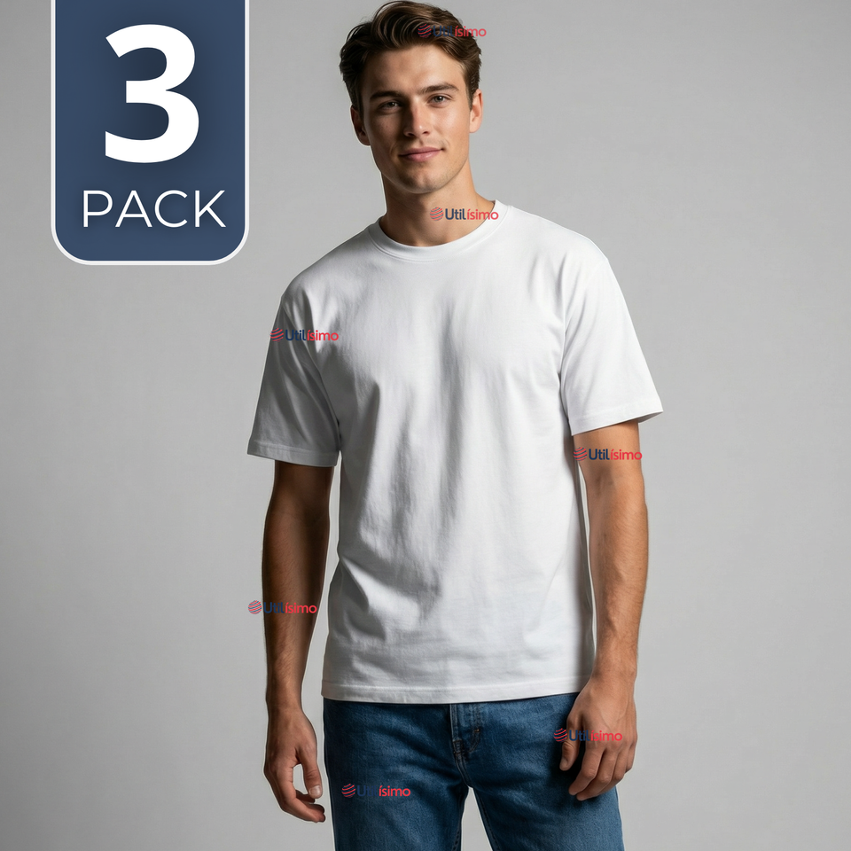 Pack 3 Camisetas Poleras 100% Algodón Básica Lisa Elástica Hombre Blanco