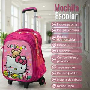 Mochila Escolar Hello Kitty Flowers Con Ruedas Desmontables + Estuche + Lonchera Niña Poliéster
