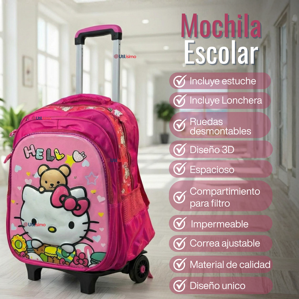 Mochila Escolar Hello Kitty Flowers Con Ruedas Desmontables + Estuche + Lonchera Niña Poliéster