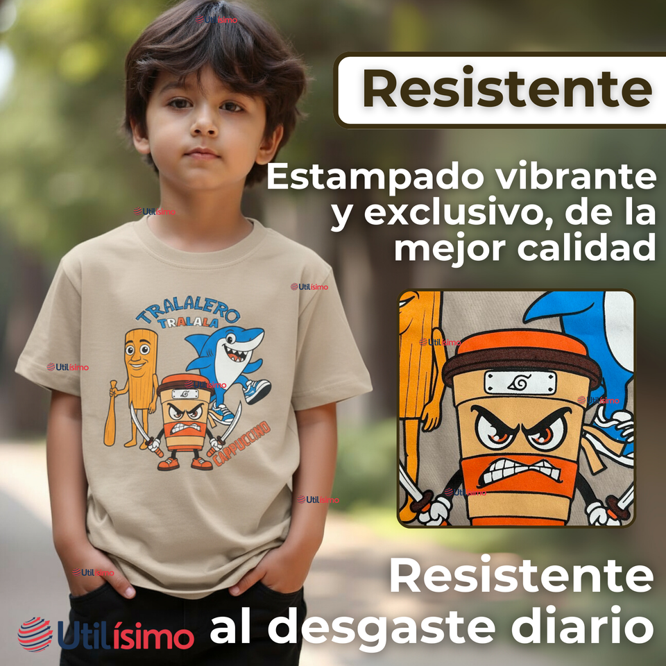 Polera Brainrots 100% Algodón Manga Corta Niño Tralalero Beige