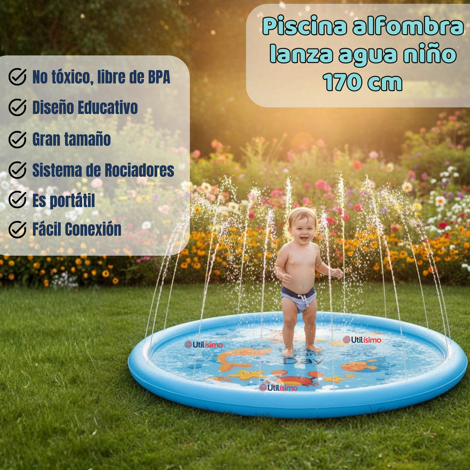 Alfombra De Agua Piscina A Chorros Cascada Niños Color Celeste 170cm