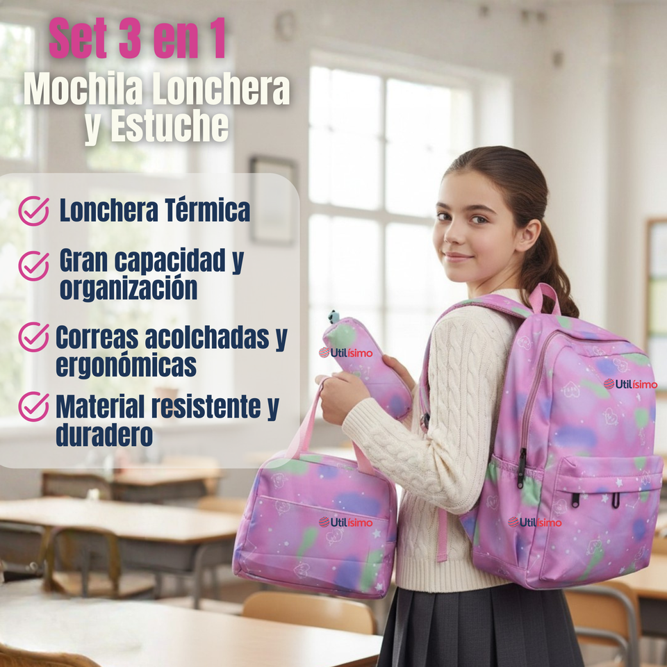 Mochila Escolar Kit Con Estuche y Lonchera 43cm Tela Oxford Niña