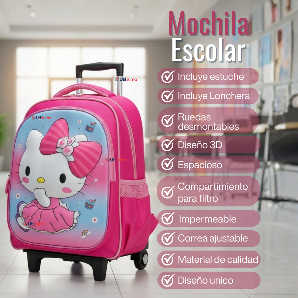 Mochila Escolar Hello Kitty Con Ruedas Desmontables + Estuche + Lonchera Niña Poliéster Pink