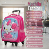 Mochila Escolar Hello Kitty Con Ruedas Desmontables + Estuche + Lonchera Niña Poliéster Pink