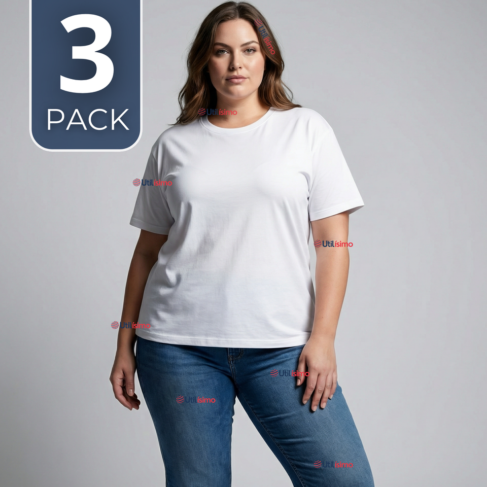 Pack 3 Camisetas Poleras 100% Algodón Básica Lisa Elástica Mujer Blanco