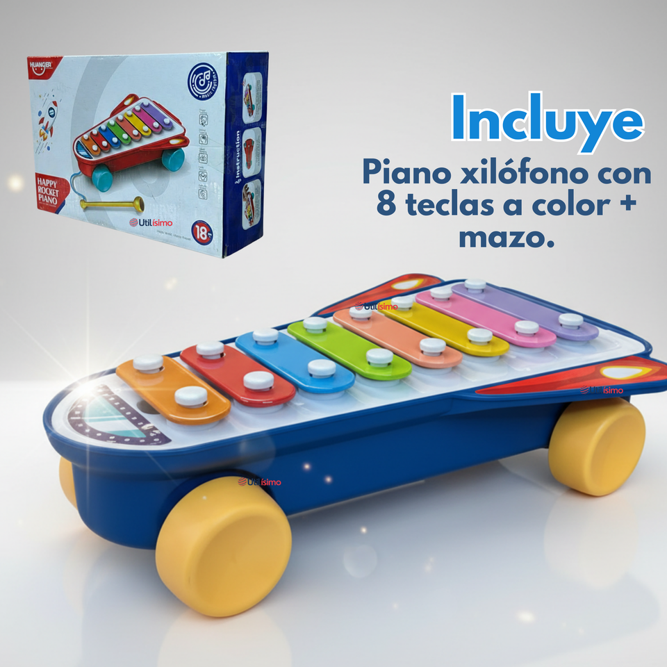 Xilófono Cohete Piano Carrito de Arrastre Juguete Educativo Bebé Niño Niña