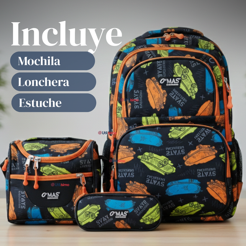 Mochila Bolso Escolar + Lonchera + Estuche 45Cm Niño Tela Oxford Skate