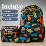 Mochila Bolso Escolar + Lonchera + Estuche 45Cm Niño Tela Oxford Skate
