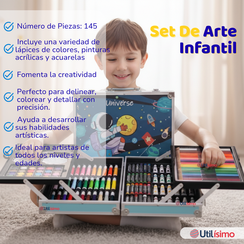 Set 145 Piezas Arte Infantil Dibujo Maletín Metálico Completo Incluye Lápices Marcadores Pinturas Pasteles Y Accesorios