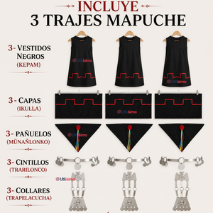 Pack 3 Trajes Típicos Vestido Mapuche Completo 5 Piezas Juvenil Fiestas Patrias