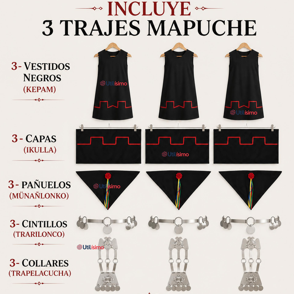 Pack 3 Trajes Típicos Vestido Mapuche Completo 5 Piezas Juvenil Fiestas Patrias
