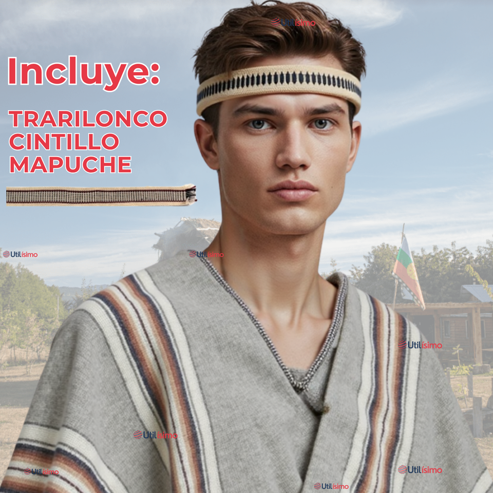 Set Poncho Manta Mapuche LANA GRUESO 120x80CM +TRARILONCO CINTILLO MAPUCHE 87CM Fiestas Patrias