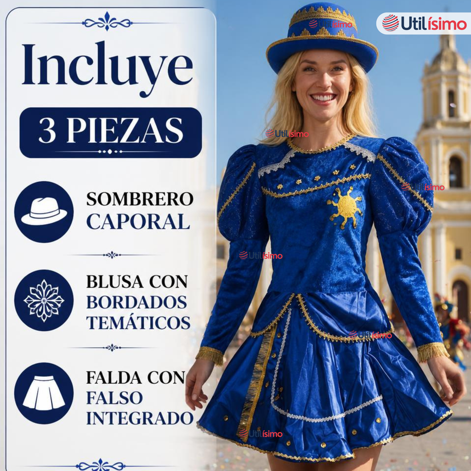 Traje Caporal Típico Completo Con Sombrero Azul Mujer Fiestas Patrias