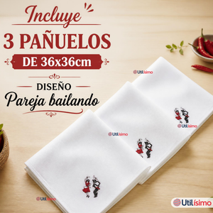 Pack 3 Pañuelos Baile Cueca 36cm Bordado Pareja Bailando Algodón Fiestas Patrias