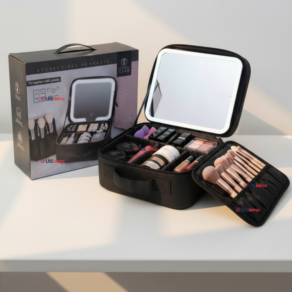 Estuche Maquillaje 2 en 1 Bolso Cosmetiquero Espejo Con Luz Led Organizador