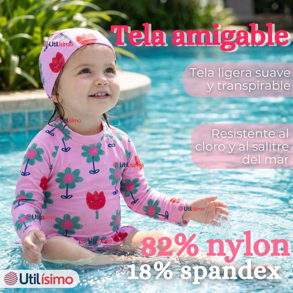 Traje de Baño Enterito Cremallera Manga Larga Con Gorro Niña 1 a 6 años Pink Flowers
