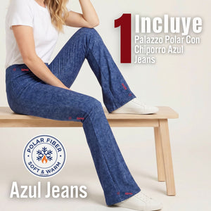 Calza Polar Con Chiporro Palazzo Mujer Elasticada Térmica Azul Jeans