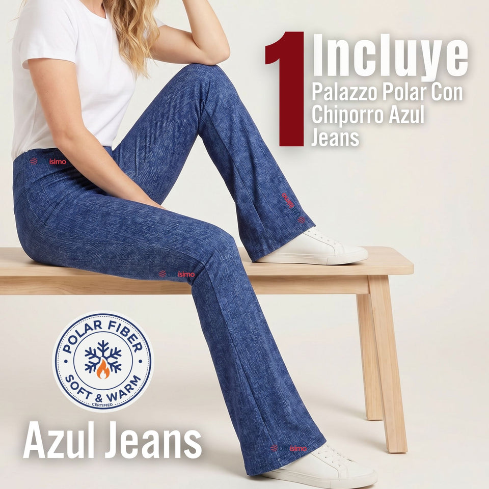 Calza Polar Con Chiporro Palazzo Mujer Elasticada Térmica Azul Jeans