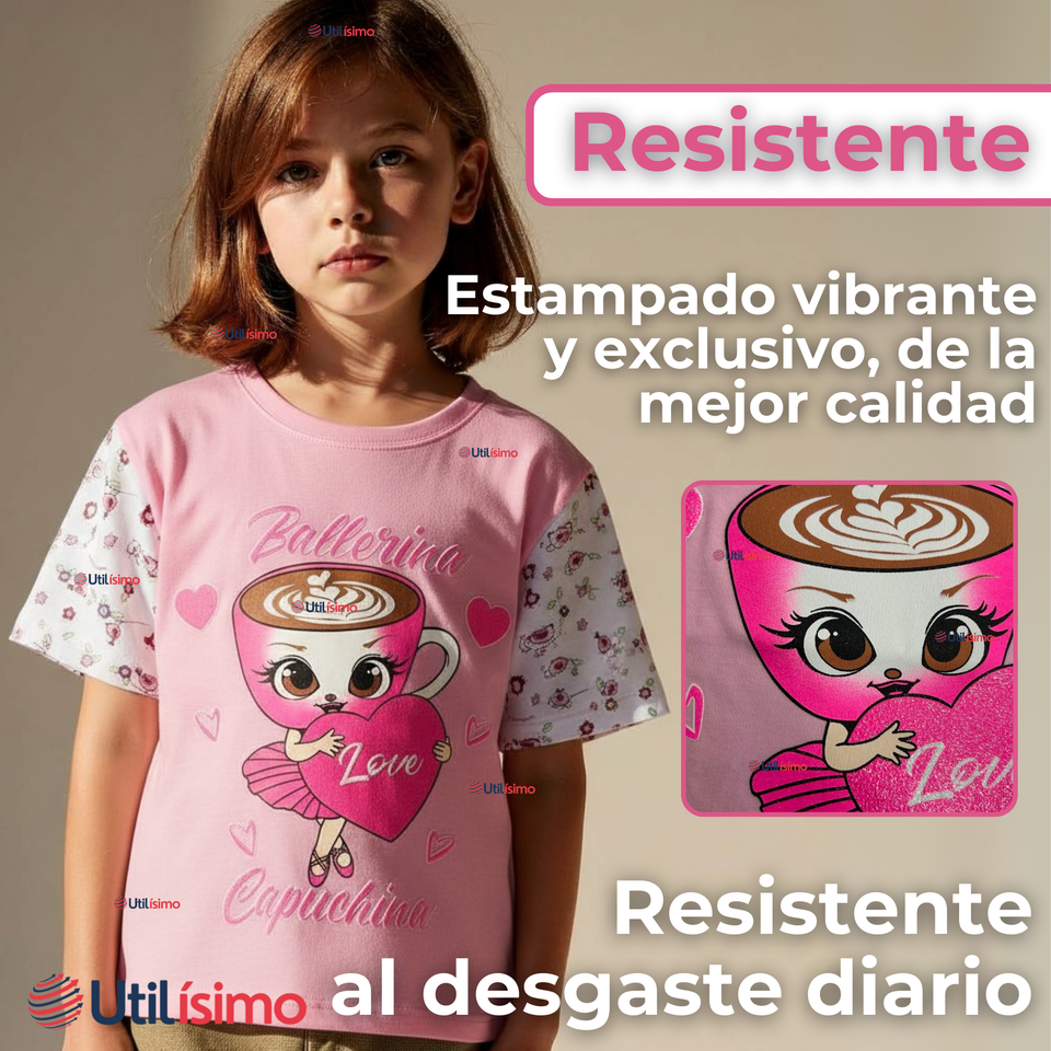 Polera Brainrots 100% Algodón Manga Corta Niña Tralalero Rosado